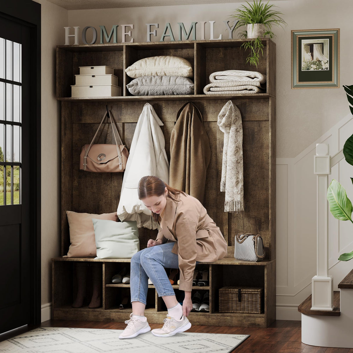 Apeaka Hall Tree with Bench and Storage, Farmhouse 75" H Tall Hall Tree Wood Entryway Shoe Bench with Coat Rack and Storage Shelves for Mudroom, Rustic Brown Apeaka