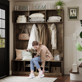 Apeaka Hall Tree with Bench and Storage, Farmhouse 75" H Tall Hall Tree Wood Entryway Shoe Bench with Coat Rack and Storage Shelves for Mudroom, Rustic Brown Apeaka