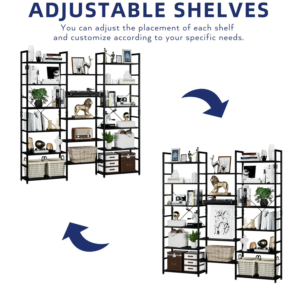 NUMENN Triple Wide 6 Tier Bookshelf, Rustic Industrial Style Bookcases and Bookshelves with 17 Open Display Shelves, Modern Tall Bookcase Furniture for Bedroom, Living Room and Home Office, Black NUMENN