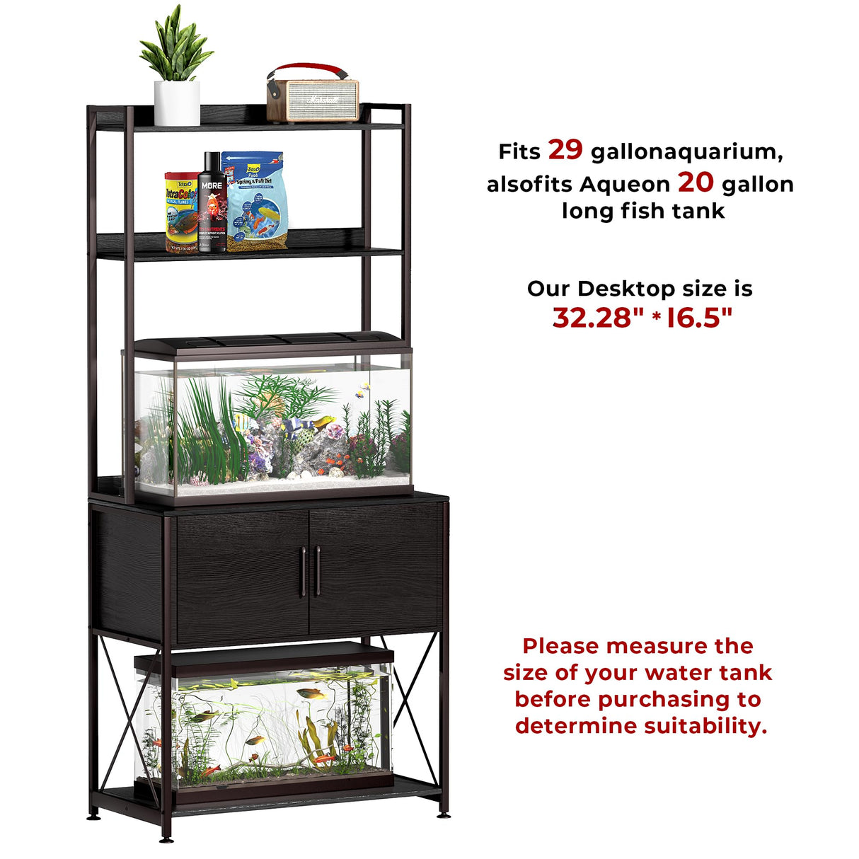 Herture 20-29 Gallon Fish Tank Stand, Aquarium Stand with 2 Shelves and Cabinet Accessories Storage, for 20 Gallon Long Aquarium, Metal Frame 32.28" L*16.53" W PG03YGB Herture