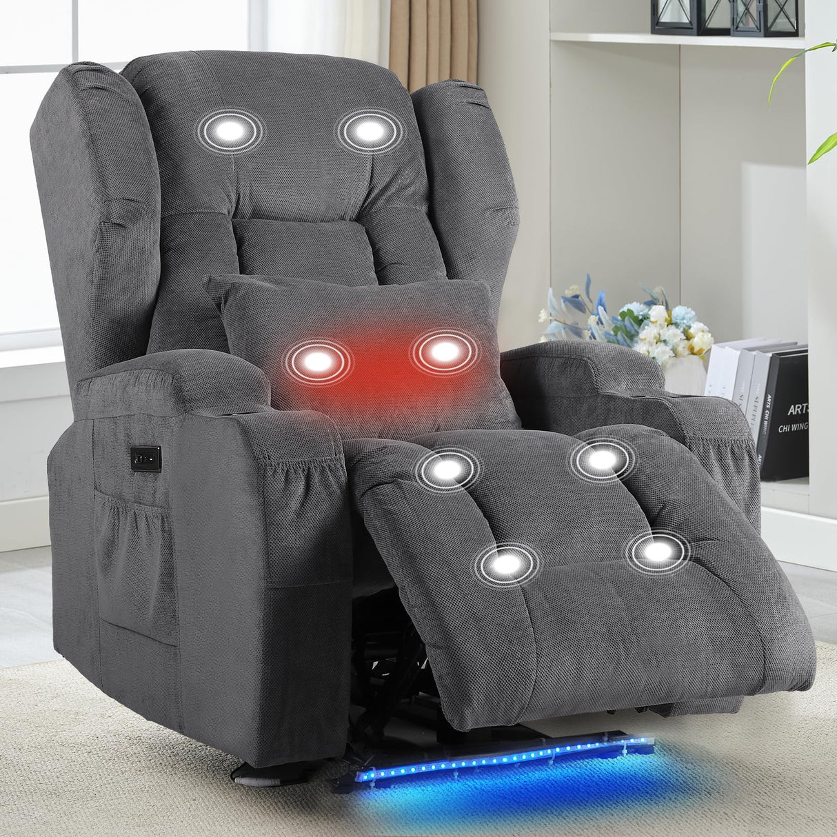 BINGTOO Electric Power Recliner Chair with Massage & Heat - Ergonomic Wingback Lounge Sofa Chair for Living Room, Home Theater Seating & RV with LED Light/Cup Holders/USB Ports, Grey BINGTOO