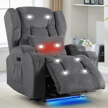 BINGTOO Electric Power Recliner Chair with Massage & Heat - Ergonomic Wingback Lounge Sofa Chair for Living Room, Home Theater Seating & RV with LED Light/Cup Holders/USB Ports, Grey BINGTOO