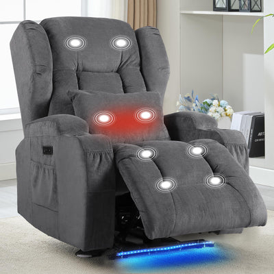 BINGTOO Electric Power Recliner Chair with Massage & Heat - Ergonomic Wingback Lounge Sofa Chair for Living Room, Home Theater Seating & RV with LED Light/Cup Holders/USB Ports, Grey