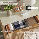 T4TREAM Fluted 5 Drawers Dresser, 48" Tall Modern Chest of Drawers with Faux Marble Top, Curved Profile Design, Wood Drawer Organizer for Bedroom, Living Room, Hallway, Entryway, Natural Oak T4TREAM