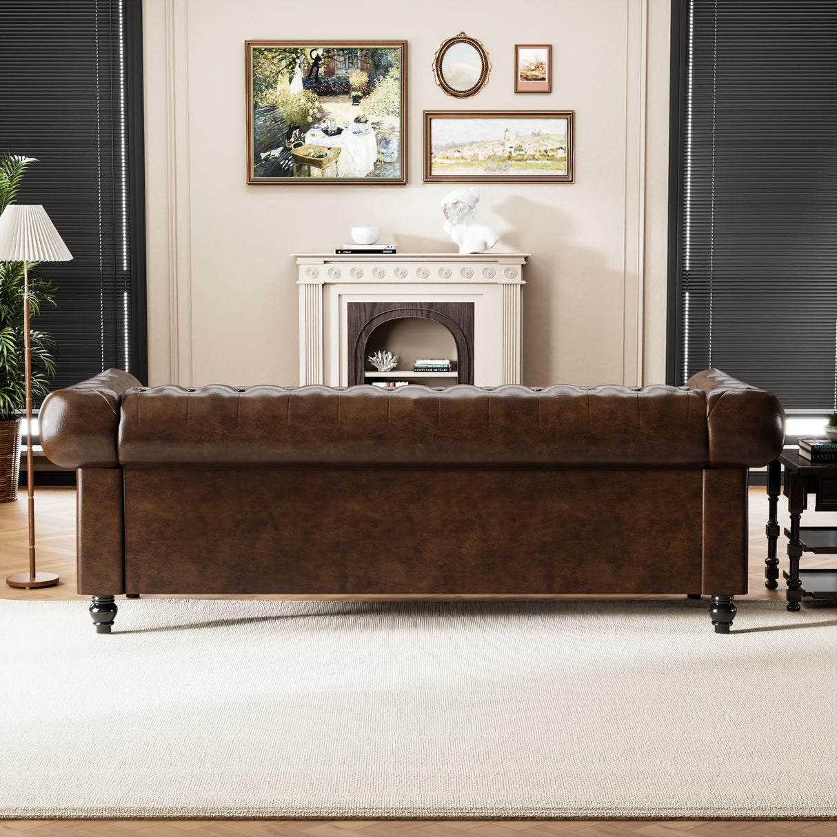 DOOSOODAA Chesterfield PU Leather Couch 3 Seater Sofa, 89" Modern Luxurious Large Button-Tufted Sofa Couch, Home Upholstered Deep Seat Sofa for Living Room Furniture Brown DOOSOODAA