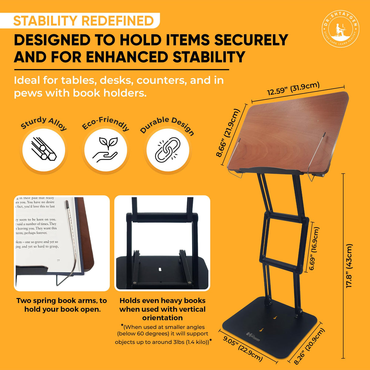 Dr. Shtaygen Reading Stand Book Holder for Desk, Counter, Table - Ergonomic Adjustable Height to 17.8", Lightweight Aluminum & Oak, Strong & Stable, Spacious 13" x 8.7" Platform for Tablet, Laptop Dr. Shtaygen