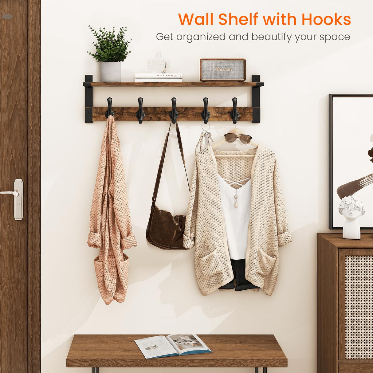 Homode Coat Rack Wall Mount, 29 Inch Long Shelf with Hooks, Wood Entryway Shelf with 5 Hangers for Hanging Hat Jacket Backpack Purse, Rustic Brown Black Homode