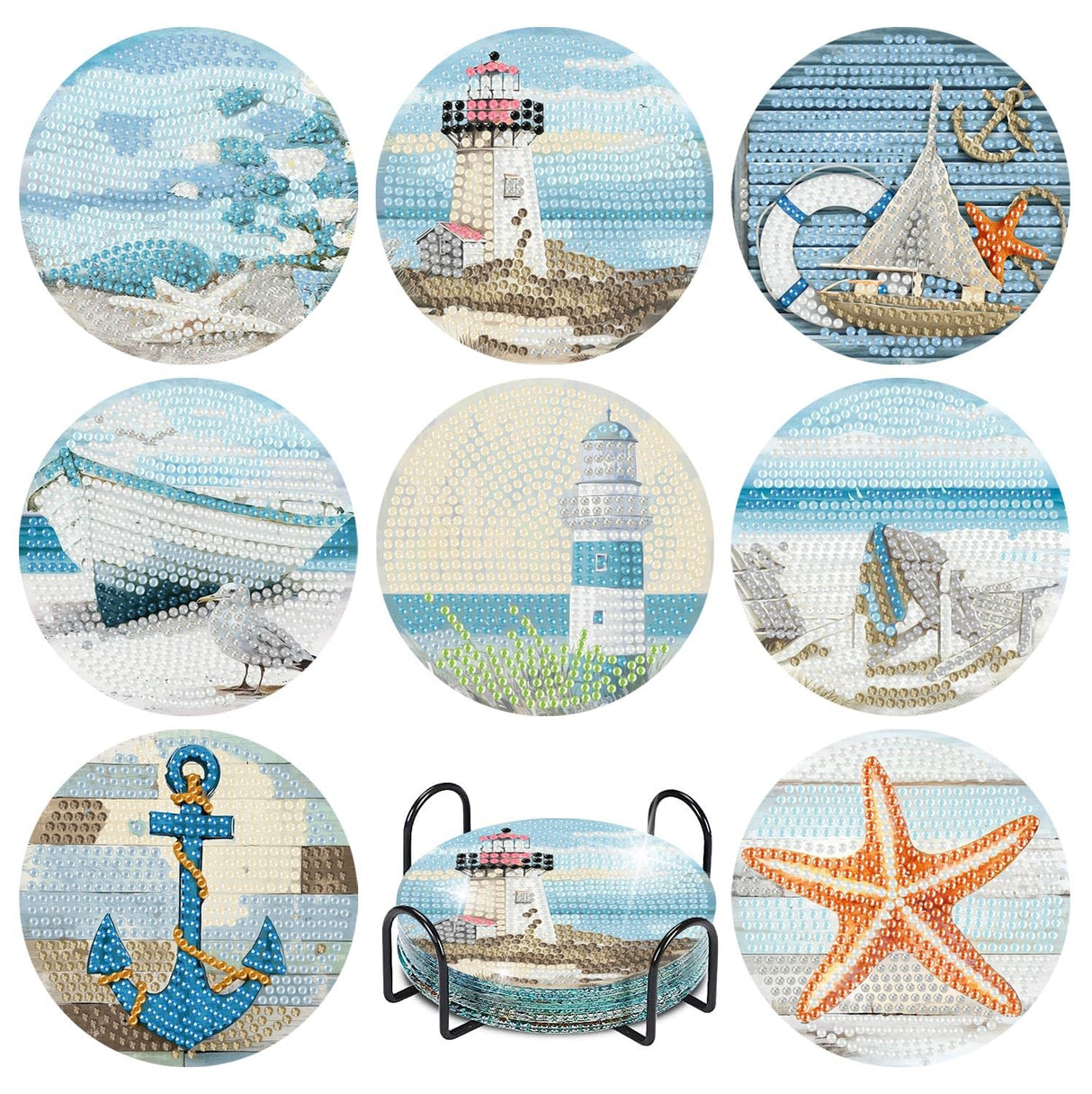 askkqtx 8 Pcs Beach Diamond Art Coasters Kits with Holder, Sea Diamond Painting Coasters Kits for Adults, Light House DIY 5D Diamond Dots Small Mini Kit Full Drill Art Craft Supplies 4X4 Inch askkqtx