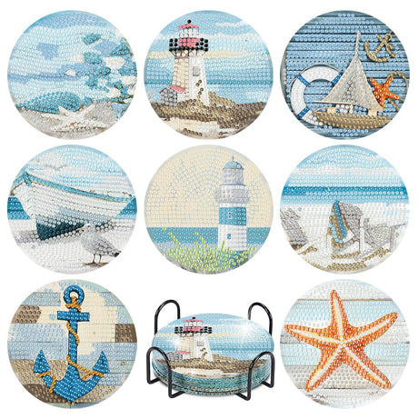 askkqtx 8 Pcs Beach Diamond Art Coasters Kits with Holder, Sea Diamond Painting Coasters Kits for Adults, Light House DIY 5D Diamond Dots Small Mini Kit Full Drill Art Craft Supplies 4X4 Inch askkqtx