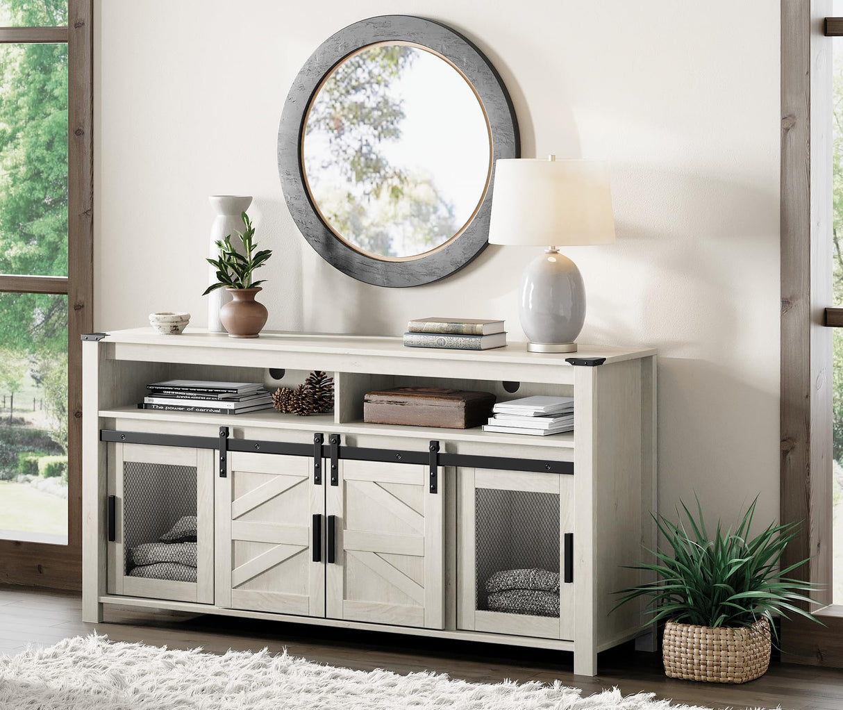WAMPAT Farmhouse TV Stand for 65 Inch TV, Antique White Wood Entertainment Center with Sliding Barn Doors and Mesh Doors, Tall Media Console with Open Storage Space for Living Room, 59x15.4x31 WAMPAT