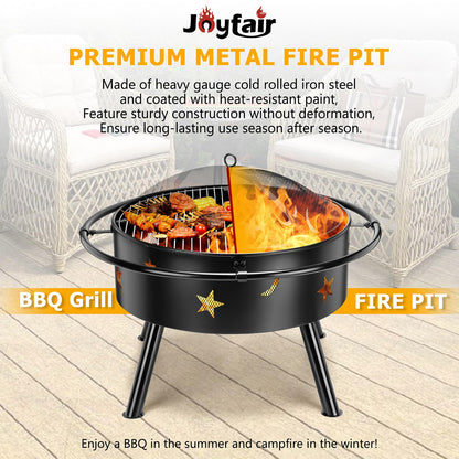 Joyfair 30inch Fire Pit, Outdoor Wood Burning Bonfire Firepit BBQ Grill with Cover & Poker Accessories Kit, Heavy Duty Round Camping Fire Pits with Spark Screen for Outside Patio Backyard (Large)