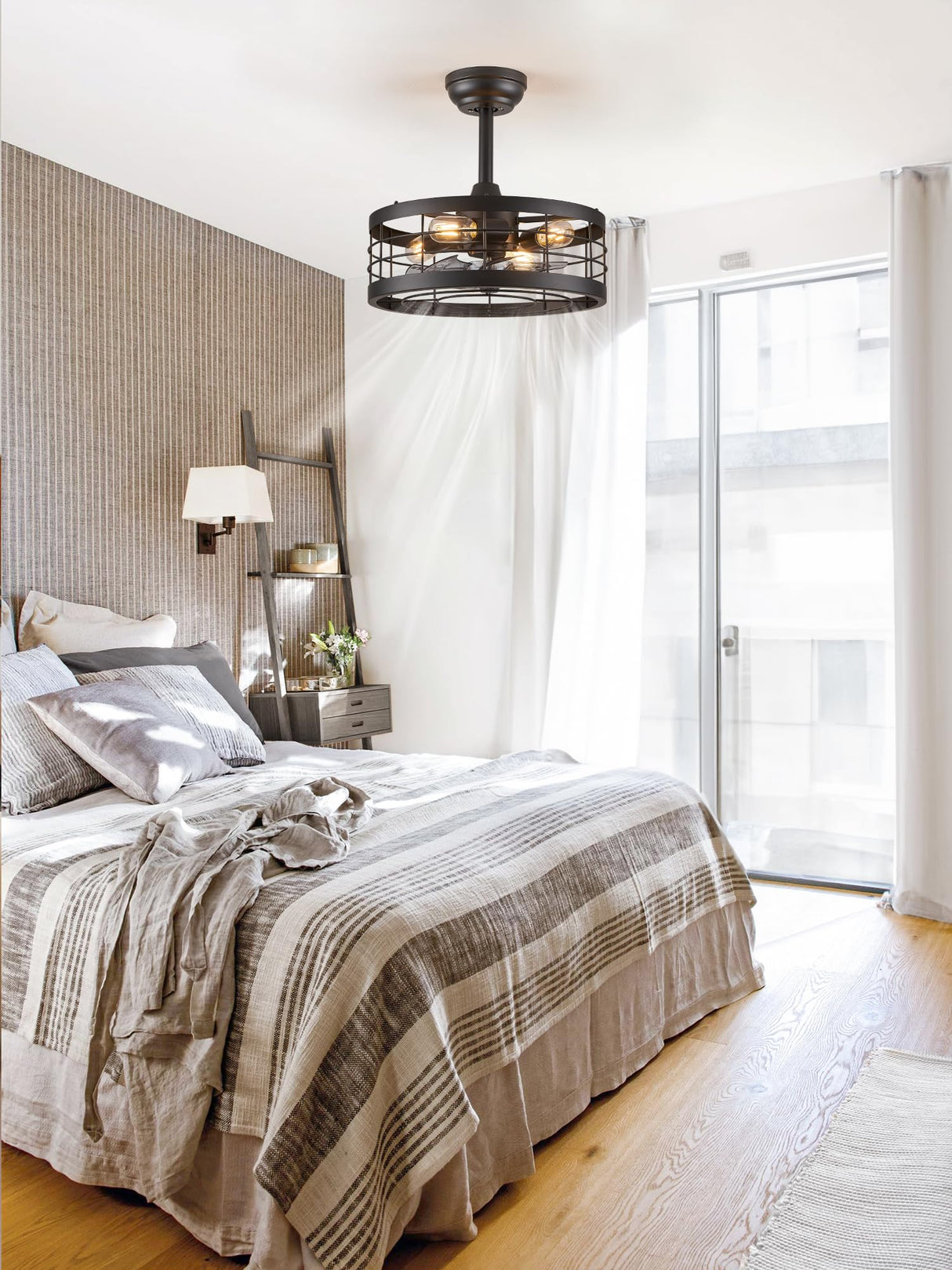 LEDIARY 16.5 inch Black Caged Ceiling Fan with Light, Fandelier Industrial Ceiling Fan with Remote, Farmhouse Fan Lights Ceiling Fixtures for Kitchen, Bedroom, Outdoor（6 Speed, Timing）-Black LEDIARY