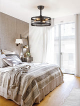 LEDIARY 16.5 inch Black Caged Ceiling Fan with Light, Fandelier Industrial Ceiling Fan with Remote, Farmhouse Fan Lights Ceiling Fixtures for Kitchen, Bedroom, Outdoor（6 Speed, Timing）-Black LEDIARY