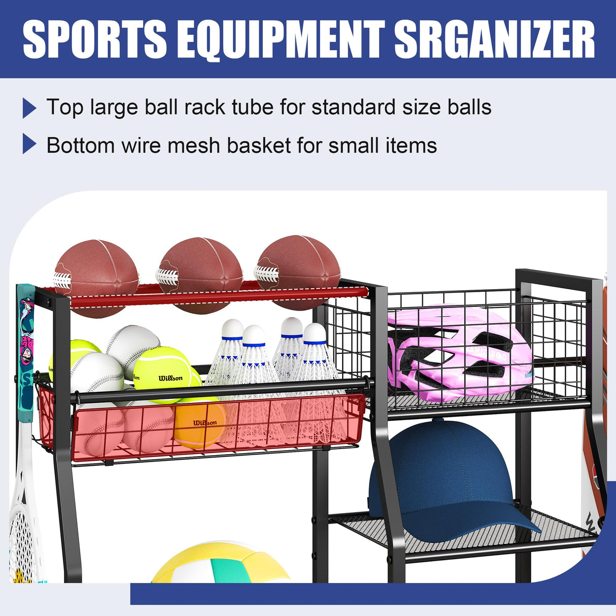 Sports Equipment Organizer Golf Bag Stand Golf Storage Organizer for Garage with Basket and Hooks, Storage Rack for 2 Golf Bag,Two Assembly Methods Sonyabecca