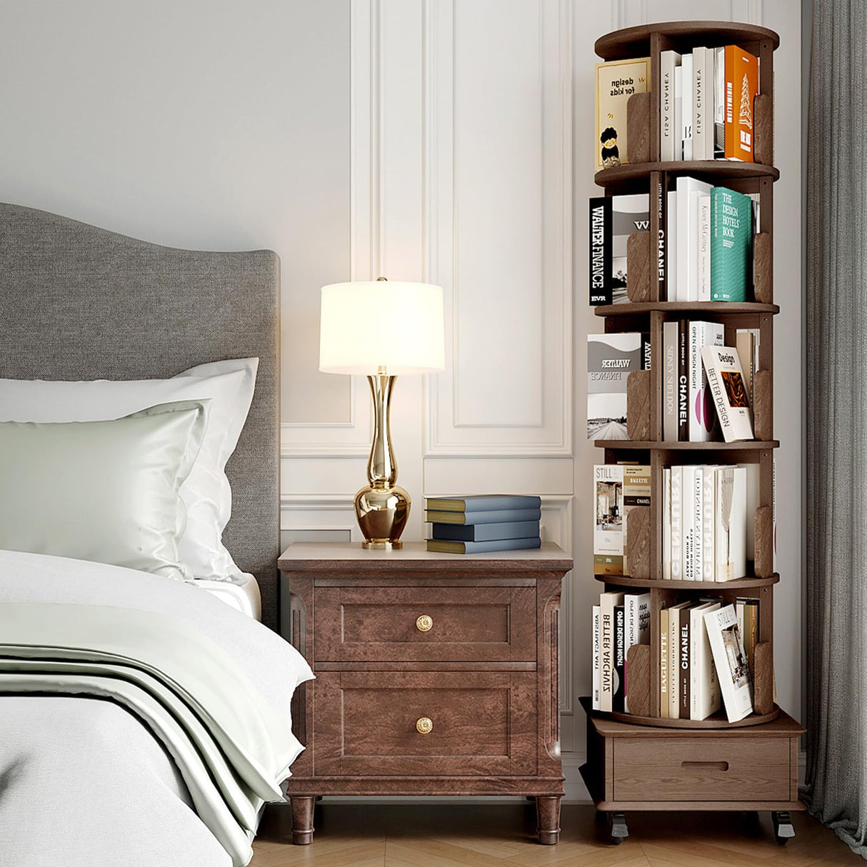 JIAWORLDER Solid Wood Rotating Bookshelf Tower on Wheels, 5-Tier Spinning Bookcase with Drawer, 72" Floor Standing Revolving Bookshelf, Rotating Bookcase for Small Space, Walnut JIAWORLDER