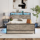 Fameill Queen Size Bed Frame with Storage Ottoman and 2 Drawers, Farmhouse Metal Platform Bed with Headboard, LED Lights and Charging Station, No Box Spring Needed, Noise Free, Gray Fameill