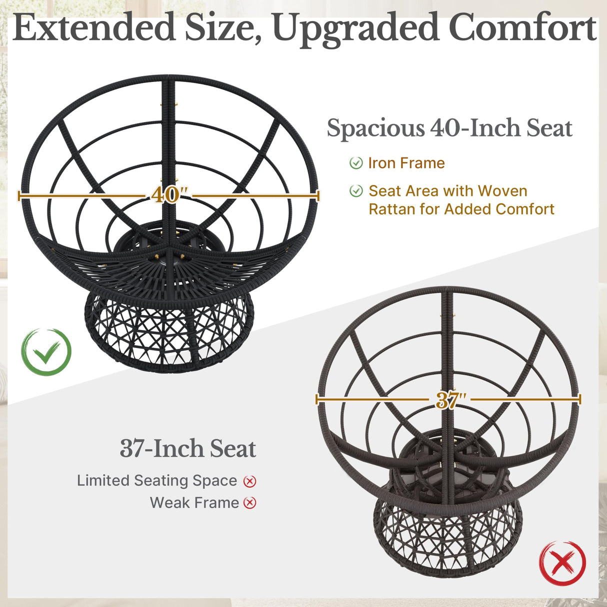 Yaheetech Indoor Papasan Chairs with Thick Tufted Cushions and Frame, Swivel Wicker Ergonomic Lounge Reading Chairs for Living Room/Bedroom, Black Yaheetech