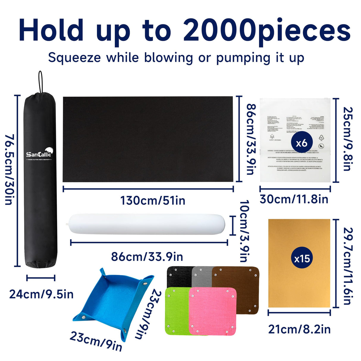 Sancallie 51“x34” Large Jigsaw Puzzle Mat Roll Up Mat- with 15 Glue Sheets, 6 PE Bags Jigroll to 2,000 Pieces with 6 Colorful Trays, Gift Box with Drawstring Bag, 3 Elastic Band, Hand Pump Sancallie