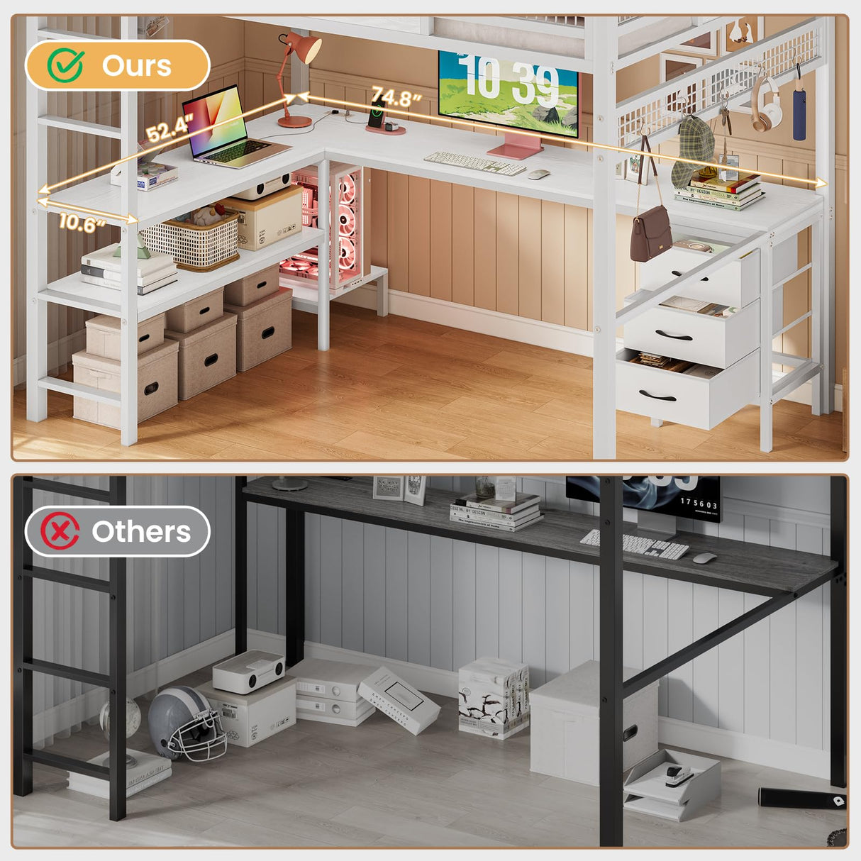 BTHFST Full Size Loft Bed with L-Shaped Desk and 3 Storage Drawers, LED Lights & Charging Station, Open Storage Shlef, Metal Loft Bed Frame with Solid Slats and Guardrail, Space Saving, White BTHFST