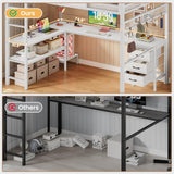 BTHFST Full Size Loft Bed with L-Shaped Desk and 3 Storage Drawers, LED Lights & Charging Station, Open Storage Shlef, Metal Loft Bed Frame with Solid Slats and Guardrail, Space Saving, White BTHFST