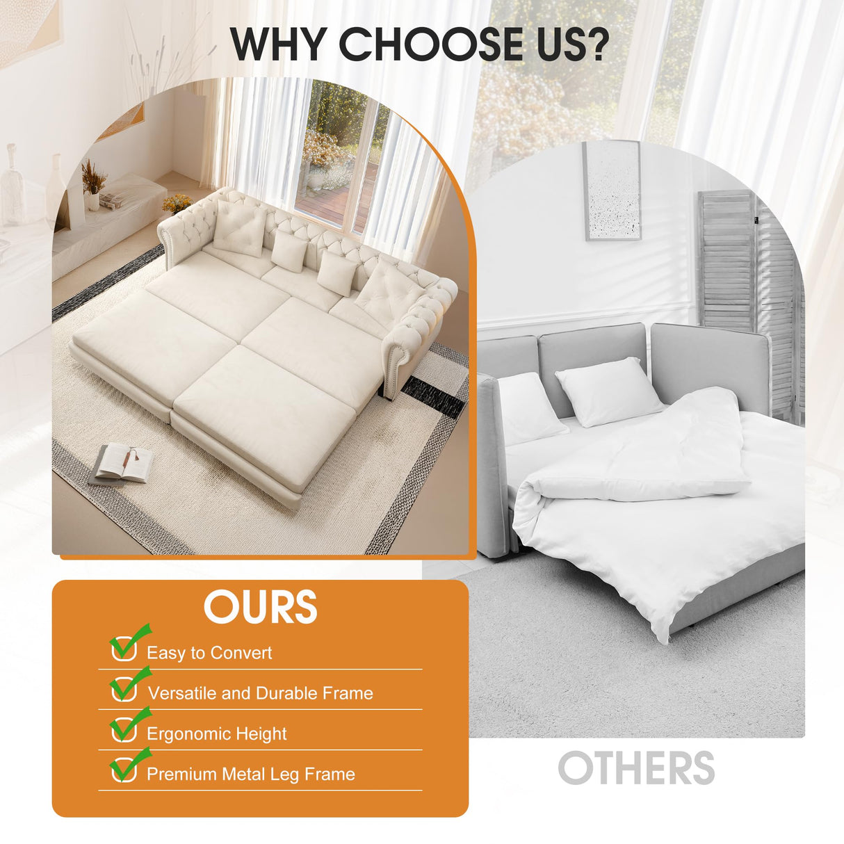 UQGVML Oversized Sleeper Sofa Couch, Convertible Sleeper Sofa Bed for Living Room, Bedroom, Classic 3-in-1 Pullout Couch Bed Chesterfield Style (Beige, with Ottoman) UQGVML