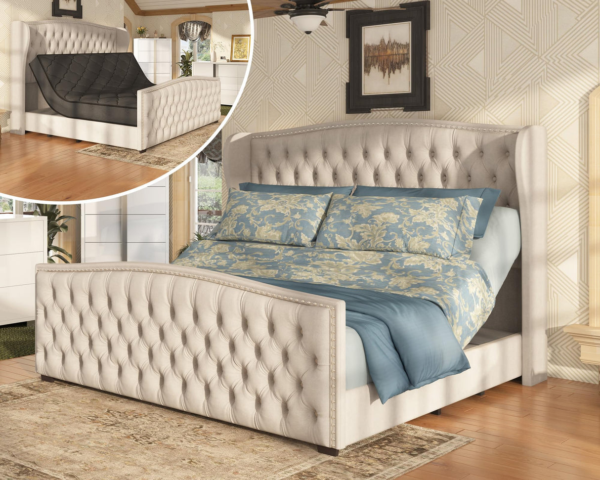 AMERLIFE King Size Adjustable Bed Frame with 51" H Velvet Upholstered and Deep Button Tufted Headboard, Electric Bed with Dual Motor/Nailhead Trim Wingback, No Box Spring Needed, Cream AMERLIFE