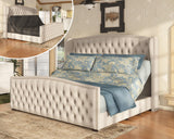 AMERLIFE King Size Adjustable Bed Frame with 51" H Velvet Upholstered and Deep Button Tufted Headboard, Electric Bed with Dual Motor/Nailhead Trim Wingback, No Box Spring Needed, Cream AMERLIFE