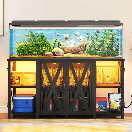 YITAHOME 90-120 Gallon Reptile Tank Stand with Power Outlet & LED Light, Heavy Duty Aquarium Stand with Accessories Storage Cabinet - Metal Fish Tank Stand for Turtle, Reptile, 2000LBS Capacity, Black