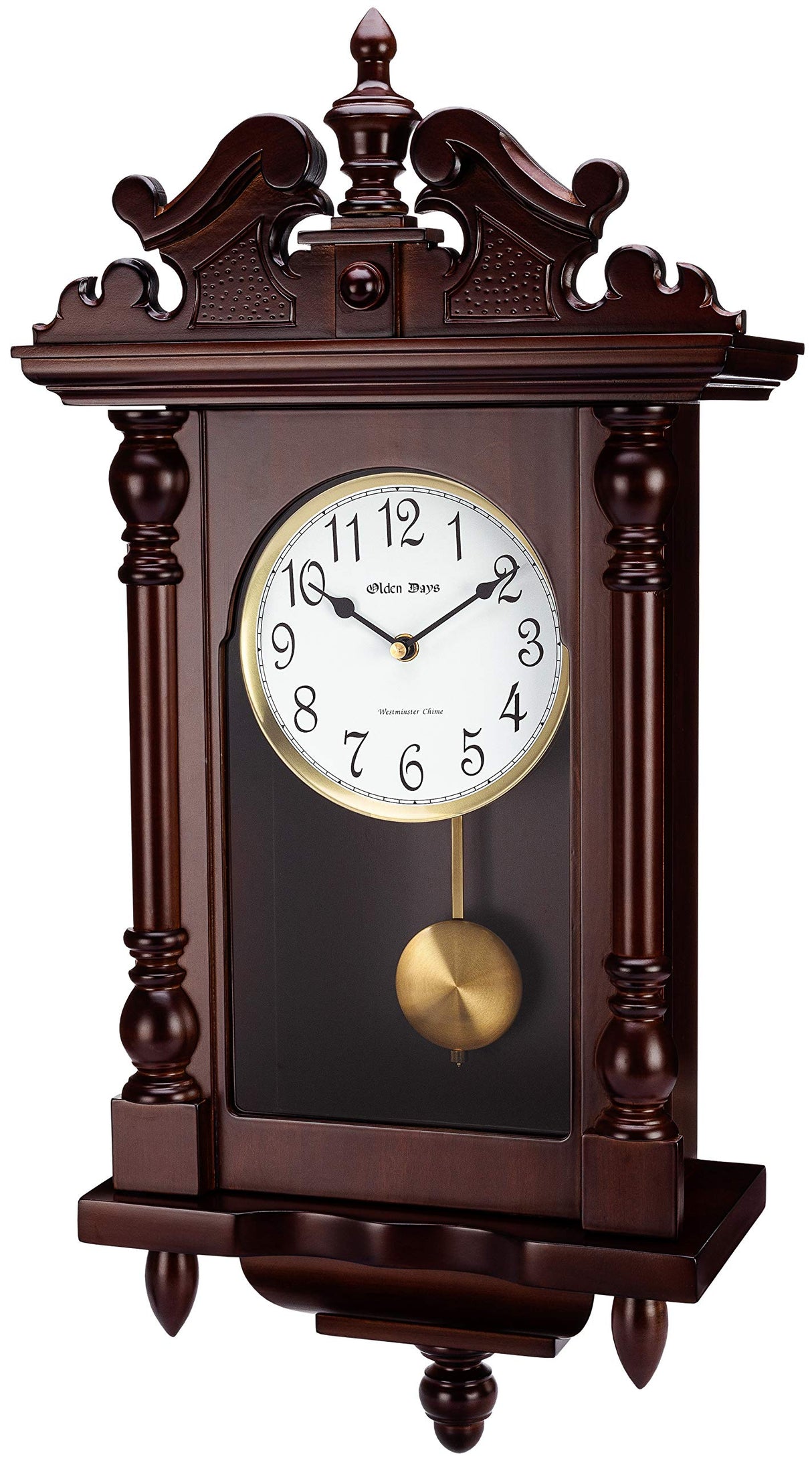 Olden Days Wall Clock with Real Wood, 4 Chime Options, Swinging Pendulum, Antique Vintage Design, 22" Large Olden Days