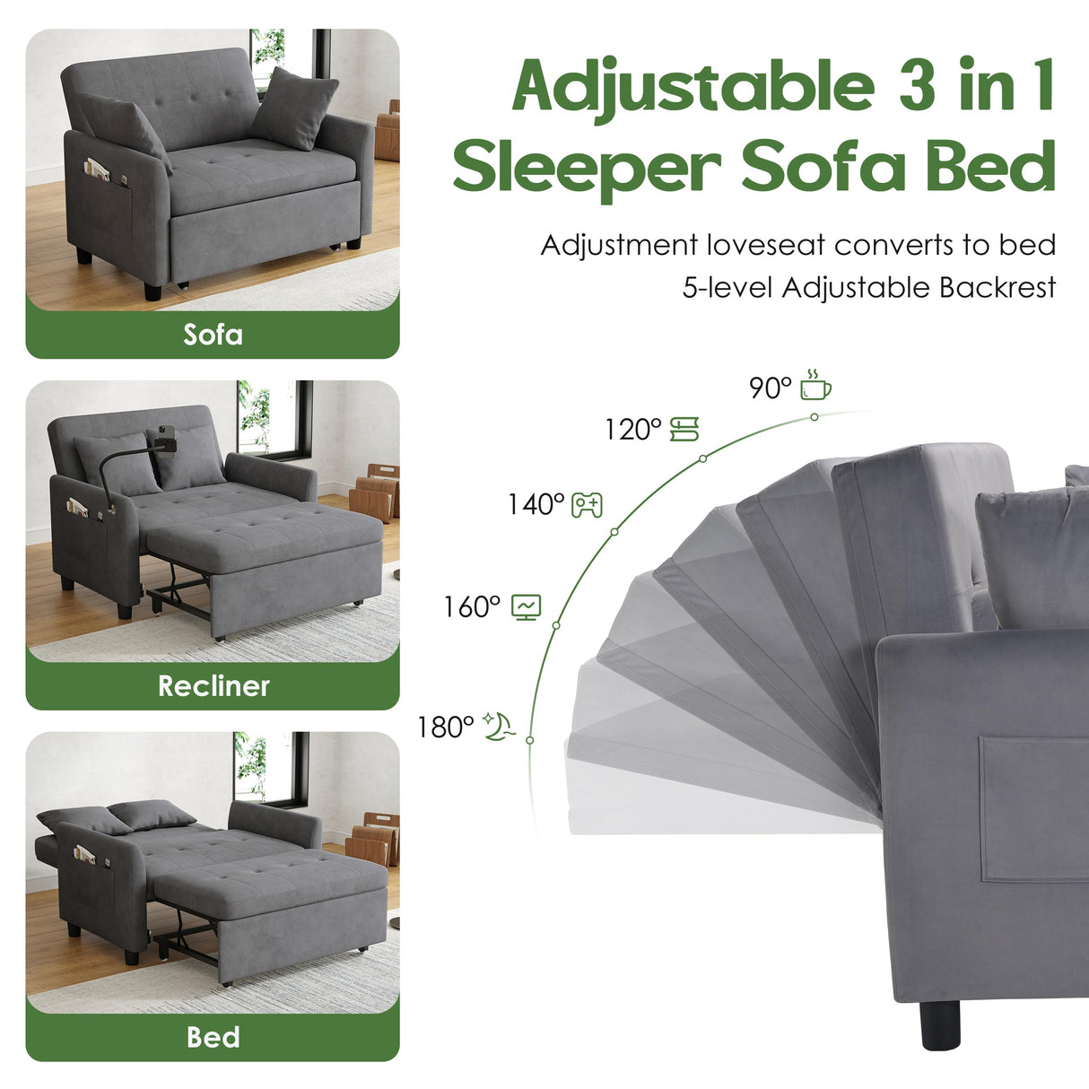 AYEASY Sleeper Sofa Bed, 3 in 1 Convertible Sleeper Couch Bed Pull Out, Small Loveseat Sofa, Futon Sofa Bed Full Size, 46" Velvet Love Seat with Pillow and Phone Holder for Living Room, Grey AYEASY