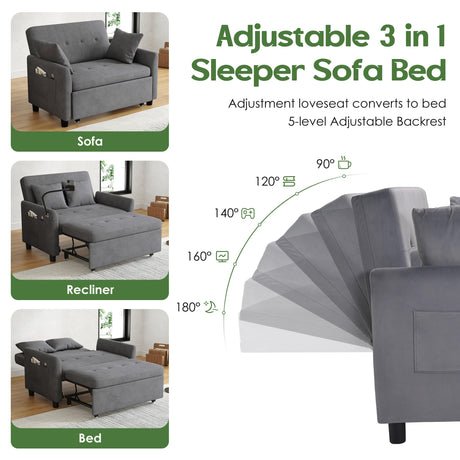 AYEASY Sleeper Sofa Bed, 3 in 1 Convertible Sleeper Couch Bed Pull Out, Small Loveseat Sofa, Futon Sofa Bed Full Size, 46" Velvet Love Seat with Pillow and Phone Holder for Living Room, Grey AYEASY