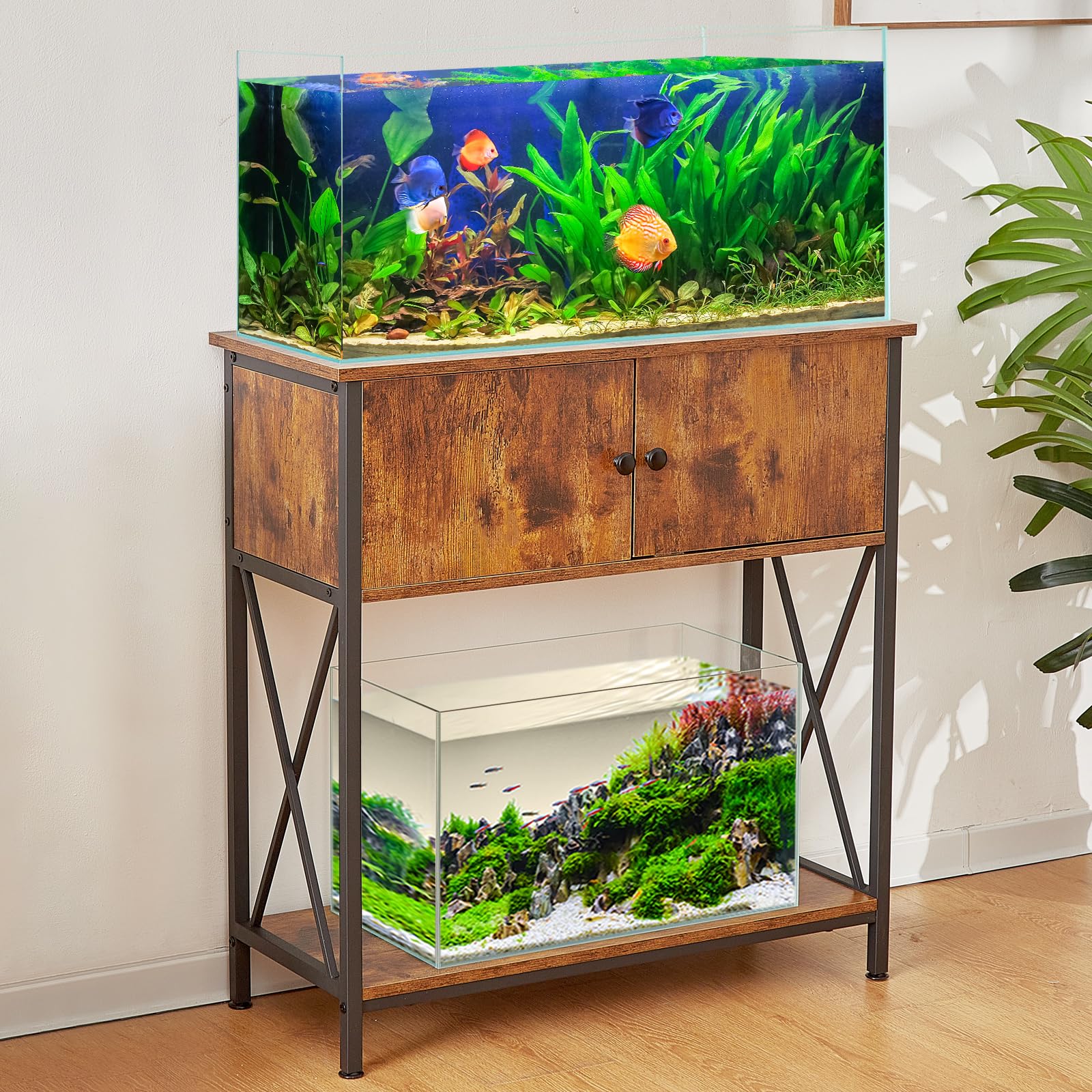 LAQUAL 20-29 Gallon Aquarium Stand with Cabinet, 20 Gallon Long Fish Tank Stand with 31''L * 12''W Tabletop, Double Heavy Metal Stand with Stable Structure, Adjustable Table Feet - Rustic Bro - WoodArtSupply