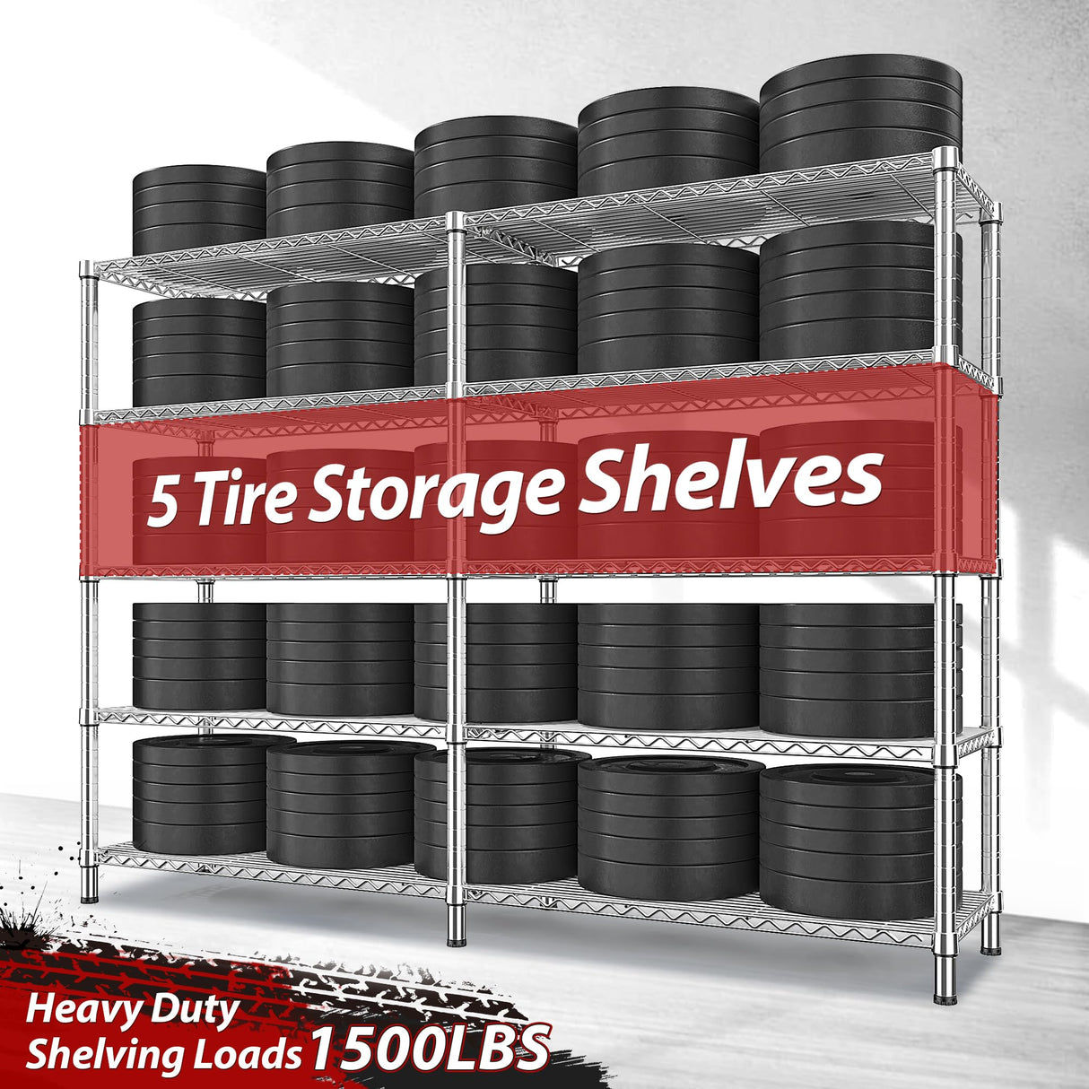 REIBII 1500LBS Storage Shelves 61.7''W Wire Shelving Unit 5 Tier Metal Shelving for Storage Rack Shelves Heavy Duty Garage Shelf Pantry Shelves Kitchen Shelving, 61.7" W*72.4" H*15.8" D, Chrome REIBII