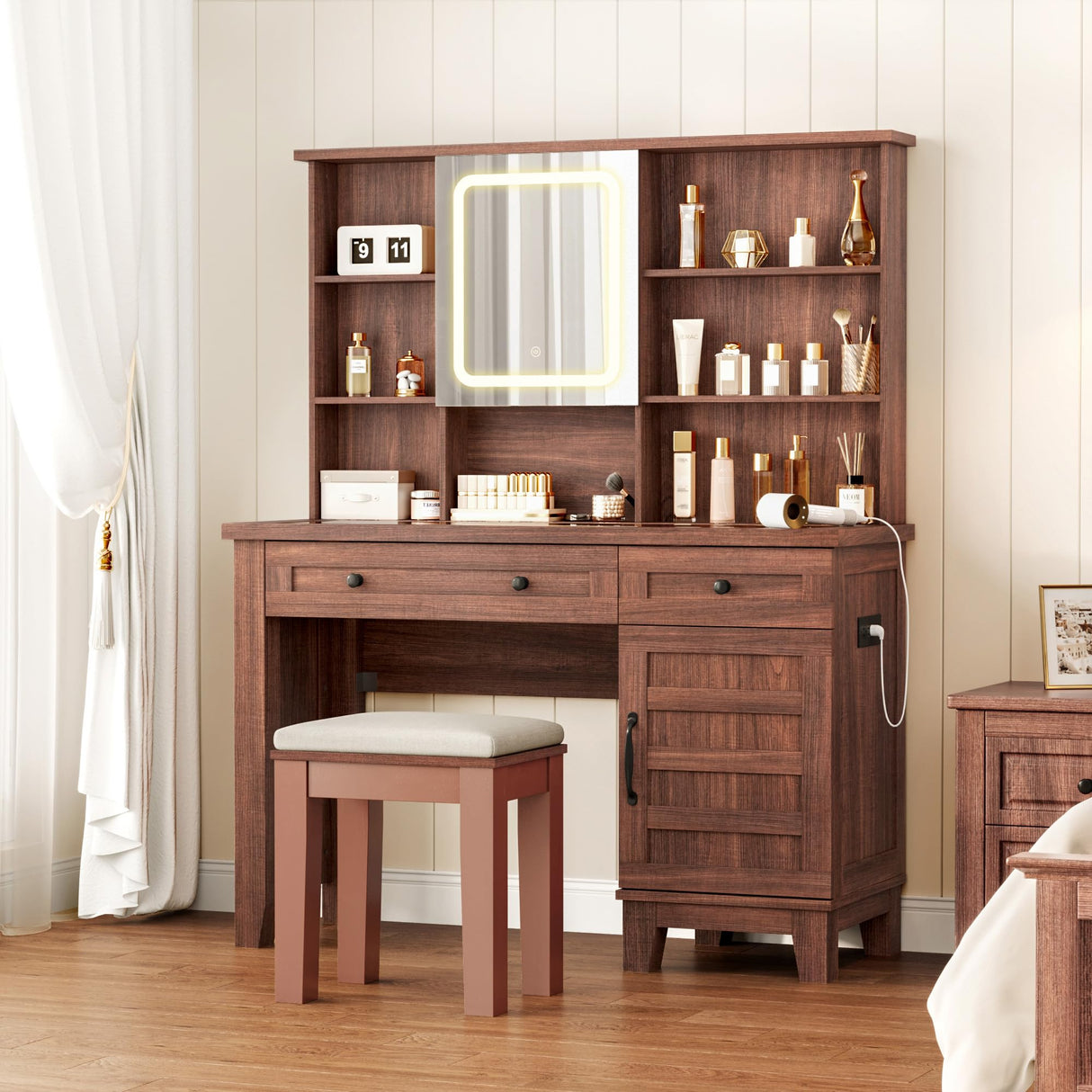 Vanity Desk with HD Mirror, LED Lights and Charging Station, Farmhouse Makeup Table with 2 Drawers and Cushioned Stool Dressing Table Shelves and Side Organizer for Bedroom Dressing Room, Brown GarveeHome