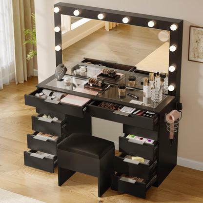 YITAHOME Makeup Vanity Desk with Large Mirror, 10-Drawer Vanity Set with Glass Tabletop & Charging Station, Modern Dressing Table with Storage Chair & 3-Color Brightness Adjustable Lighting, Ink Black