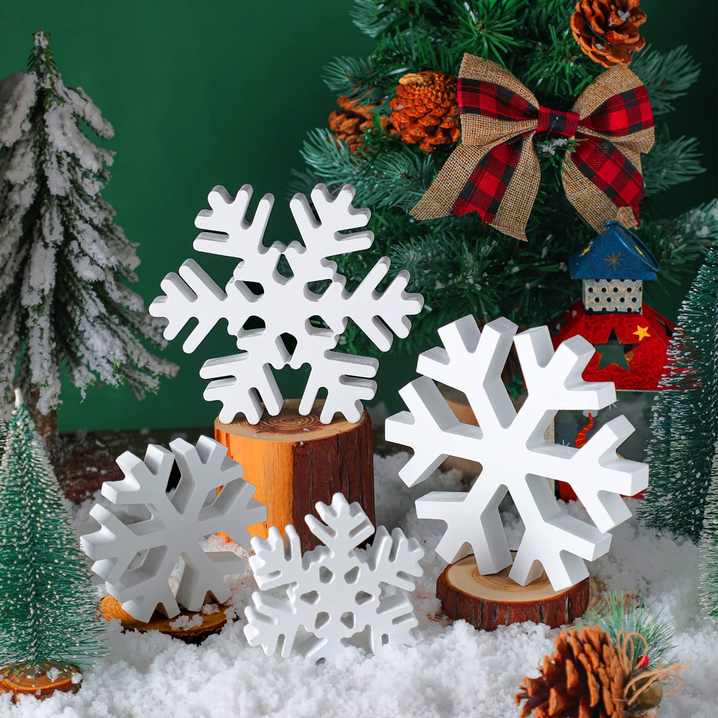 4 Pieces Winter Wooden Snowflakes Decor Christmas Snowflake Signs Tabletop Decorations Winter Wooden Xmas Standing Table Sign Christmas Fireplace Decoration for Winter Christmas Party (White)