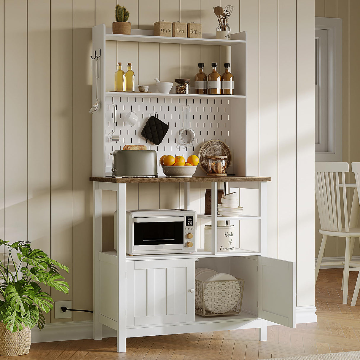 ChooChoo Pantry Cabinet with Charging Station, Kitchen Storage Cabinet with Microwave Stand, Farmhouse Kitchen Hutch with Storage for Living Room， Dining Room, Soft White ChooChoo