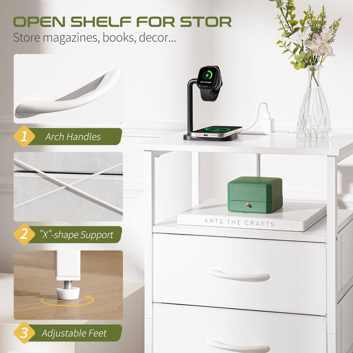 Yoobure 5 Drawers Dresser for Bedroom, Tall Nightstand with Charging Station, Fabric Dresser for Closet with Storage Shelf, Vertical Dressers Chest LED Night Stand, Bedside Table for Dorm Living Room Yoobure