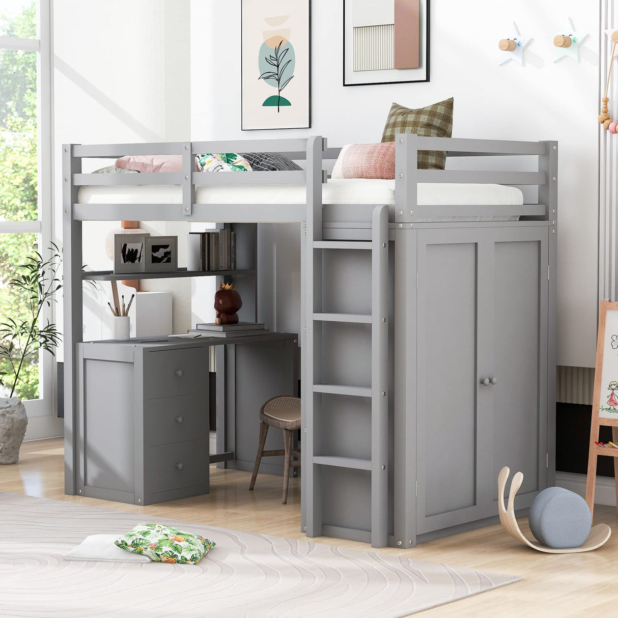 Harper & Bright Designs High Twin Size Loft Bed with Desk and Wardrobe,Solid Wood Loft Bed Frame Twin with Storage Drawers for Kids Teens Adults,No Box Spring Needed,Gray Harper & Bright Designs