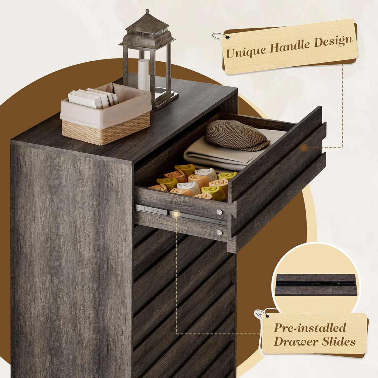 Albott Farmhouse 5 Drawers Dresser, Wood Rustic Chest of Drawers for Bedroom, Tall Dressers Organizer with Hidden Handles for Living Room, Hallway, Entryway, Rustic Grey Albott