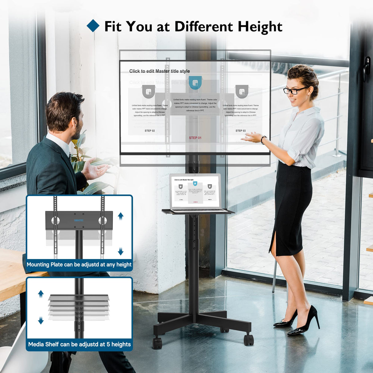 Mobile TV Cart for 23-60 Inch LED LCD Flat Curved Screens TVs, Rolling TV Stand with Locking Wheels Holds Up to 88lbs, Height Adjustable Portable Floor Stand with Media Shelf Tray, Max VESA 400x400mm BONTEC