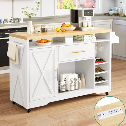 YITAHOME 53 Inch Mobile Kitchen Island with Power Outlet, Wine Rack, and Spice Storage in White & Oak