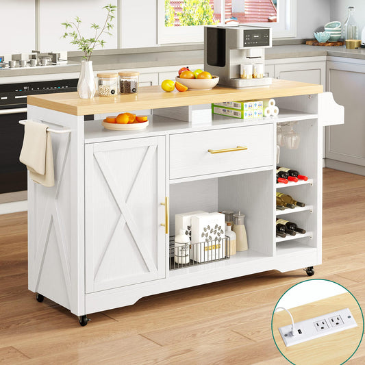 YITAHOME 53 Inch Mobile Kitchen Island with Power Outlet, Wine Rack, and Spice Storage in White & Oak