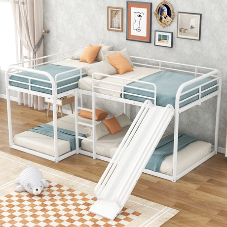 Harper & Bright Designs L-Shaped Metal Quad Bunk Beds Full and Twin Size with Slide and Short Ladder, Metal Bunk Bed Frame w/Safety Guardrail for 4 Kids Teens, White Harper & Bright Designs