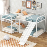 Bellemave Quad Bunk Beds with Slide L-Shape Metal Bunk Bed for 4 Twin Over Twin Attach with Full Over Full Bunked Modern Floor Corner Bunked for Multi-Kids Boys Girls Teens, White Bellemave
