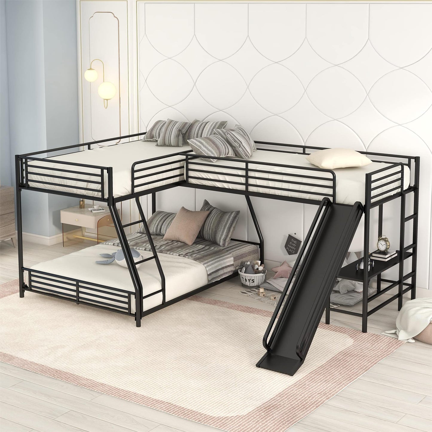 Harper & Bright Designs L-Shaped Triple Bunk Bed, Twin Over Full Bunk Bed with Twin Size Loft Bed for 3, Built-in Desk and Slide, 3 Bed Bunk Beds, Black