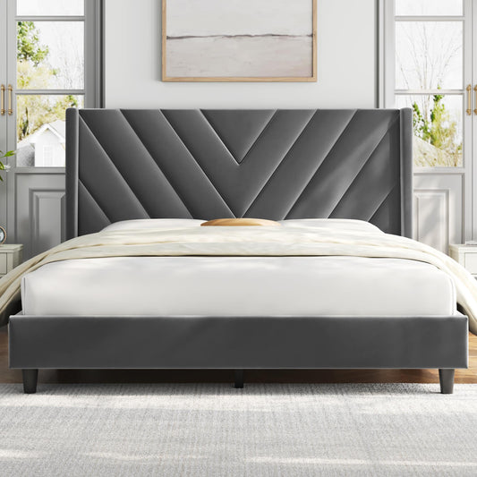 Upholstered Full Bed Frame with Winged Tufted Headboard in Dark Gray by Yaheetech - WoodArtSupply