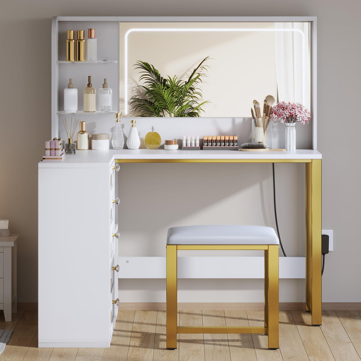 DWVO Vanity Desk with LED Lighted Mirror and 3 Lighting Modes, L-Shaped Corner Vanity Table, 48" Large Dressing Table with 5 Tempered Glass Drawers with Open Storage Shelves, White DWVO