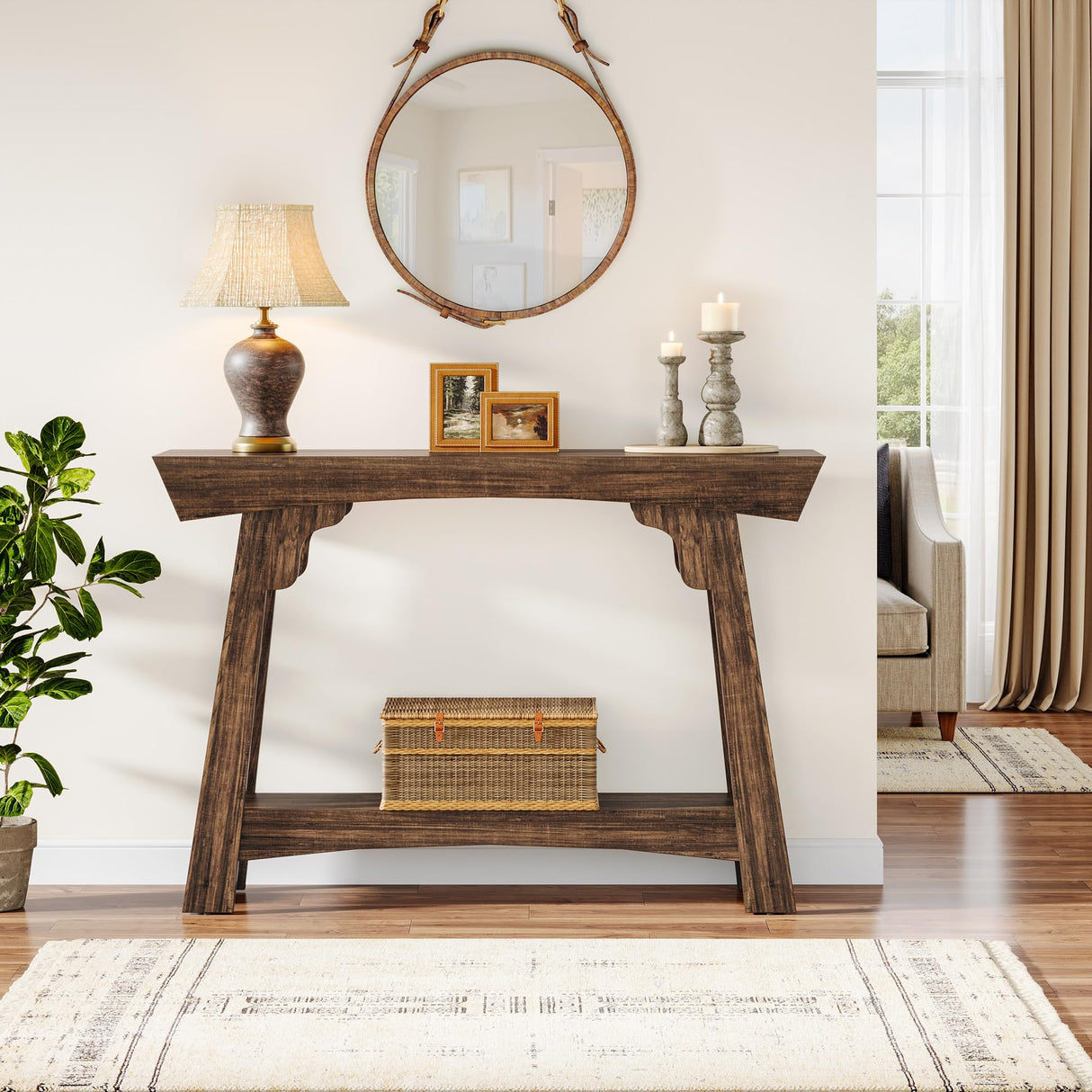 Tribesigns 41.3" Wood Console Table, 2-Tier Entryway Table with Storage Shelf, Farmhouse Narrow Sofa Table Behind Couch for Living Room, Foyer, Hallway, Rustic Brown Tribesigns