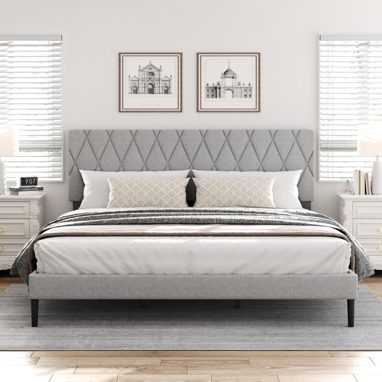 CXVX King Size Bed Frame with Diamond Tufted Headboard, Linen Upholstered Platform Bed and Wooden Slat Support, Noise-Free, No Box Spring Needed, Easy Assembly, Light Grey CXVX